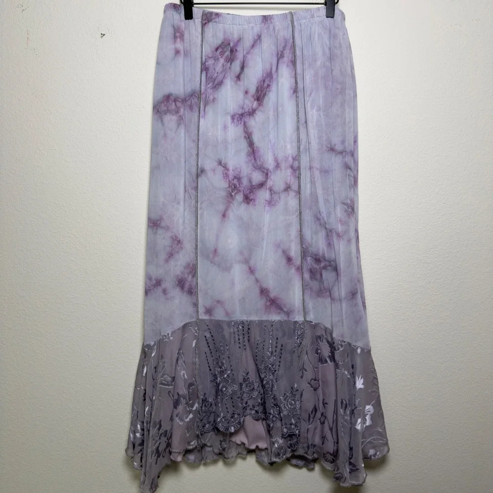 VTG 90s y2k Women Fairy Maxi Skirt XL Purple Tie Dye Burnout Velvet Ethereal